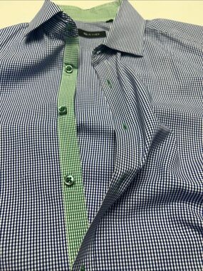 SAND Blue Micro-Gingham Dress Shirt with Green Trim Men’s 42